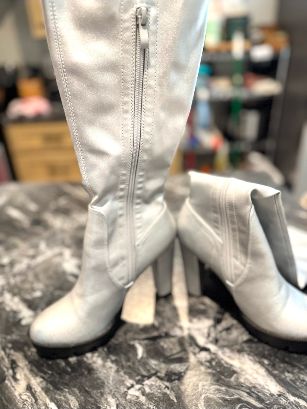 Metallic Silver Thigh High Stiletto Boots – 4" Heel | Size 8